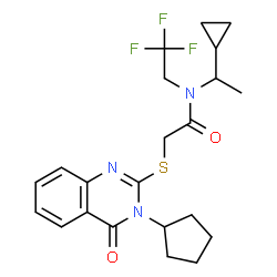 ChemSpider 2D Image | 2-[(3-Cyclopentyl-4-oxo-3,4-dihydro-2-quinazolinyl)sulfanyl]-N-(1-cyclopropylethyl)-N-(2,2,2-trifluoroethyl)acetamide | C22H26F3N3O2S