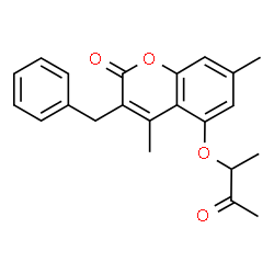ChemSpider 2D Image | 3-Benzyl-4,7-dimethyl-5-[(3-oxo-2-butanyl)oxy]-2H-chromen-2-one | C22H22O4