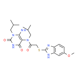 ChemSpider 2D Image | N-(6-Amino-1-isobutyl-2,4-dioxo-1,2,3,4-tetrahydro-5-pyrimidinyl)-N-isobutyl-2-[(5-methoxy-1H-benzimidazol-2-yl)sulfanyl]acetamide | C22H30N6O4S