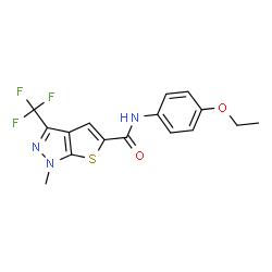 ChemSpider 2D Image | N-(4-Ethoxyphenyl)-1-methyl-3-(trifluoromethyl)-1H-thieno[2,3-c]pyrazole-5-carboxamide | C16H14F3N3O2S