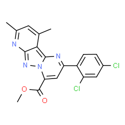 ChemSpider 2D Image | Methyl 2-(2,4-dichlorophenyl)-8,10-dimethylpyrido[2',3':3,4]pyrazolo[1,5-a]pyrimidine-4-carboxylate | C19H14Cl2N4O2
