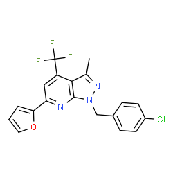 ChemSpider 2D Image | 1-(4-Chlorobenzyl)-6-(2-furyl)-3-methyl-4-(trifluoromethyl)-1H-pyrazolo[3,4-b]pyridine | C19H13ClF3N3O