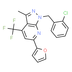 ChemSpider 2D Image | 1-(2-Chlorobenzyl)-6-(2-furyl)-3-methyl-4-(trifluoromethyl)-1H-pyrazolo[3,4-b]pyridine | C19H13ClF3N3O