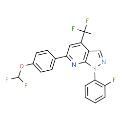 ChemSpider 2D Image | 6-[4-(Difluoromethoxy)phenyl]-1-(2-fluorophenyl)-4-(trifluoromethyl)-1H-pyrazolo[3,4-b]pyridine | C20H11F6N3O