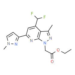 ChemSpider 2D Image | Ethyl [4-(difluoromethyl)-3-methyl-6-(1-methyl-1H-pyrazol-3-yl)-1H-pyrazolo[3,4-b]pyridin-1-yl]acetate | C16H17F2N5O2