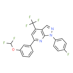 ChemSpider 2D Image | 6-[3-(Difluoromethoxy)phenyl]-1-(4-fluorophenyl)-4-(trifluoromethyl)-1H-pyrazolo[3,4-b]pyridine | C20H11F6N3O