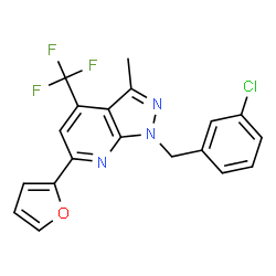 ChemSpider 2D Image | 1-(3-Chlorobenzyl)-6-(2-furyl)-3-methyl-4-(trifluoromethyl)-1H-pyrazolo[3,4-b]pyridine | C19H13ClF3N3O