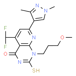 ChemSpider 2D Image | 5-(Difluoromethyl)-7-(1,3-dimethyl-1H-pyrazol-4-yl)-1-(3-methoxypropyl)-2-thioxo-2,3-dihydropyrido[2,3-d]pyrimidin-4(1H)-one | C17H19F2N5O2S