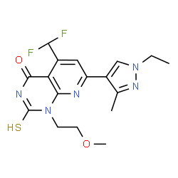 ChemSpider 2D Image | 5-(Difluoromethyl)-7-(1-ethyl-3-methyl-1H-pyrazol-4-yl)-1-(2-methoxyethyl)-2-thioxo-2,3-dihydropyrido[2,3-d]pyrimidin-4(1H)-one | C17H19F2N5O2S