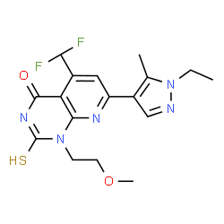 ChemSpider 2D Image | 5-(Difluoromethyl)-7-(1-ethyl-5-methyl-1H-pyrazol-4-yl)-1-(2-methoxyethyl)-2-thioxo-2,3-dihydropyrido[2,3-d]pyrimidin-4(1H)-one | C17H19F2N5O2S