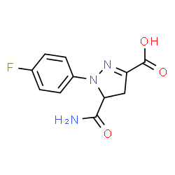 ChemSpider 2D Image | 5-Carbamoyl-1-(4-fluorophenyl)-4,5-dihydro-1H-pyrazole-3-carboxylic acid | C11H10FN3O3