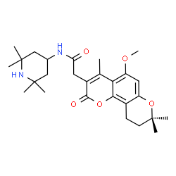 ChemSpider 2D Image | 2-(5-Methoxy-4,8,8-trimethyl-2-oxo-9,10-dihydro-2H,8H-pyrano[2,3-f]chromen-3-yl)-N-(2,2,6,6-tetramethyl-4-piperidinyl)acetamide | C27H38N2O5