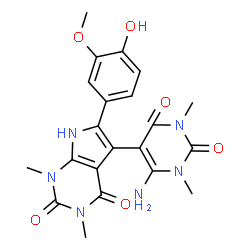 ChemSpider 2D Image | 5-(6-Amino-1,3-dimethyl-2,4-dioxo-1,2,3,4-tetrahydro-5-pyrimidinyl)-6-(4-hydroxy-3-methoxyphenyl)-1,3-dimethyl-1H-pyrrolo[2,3-d]pyrimidine-2,4(3H,7H)-dione | C21H22N6O6