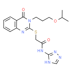 ChemSpider 2D Image | 2-{[3-(3-Isopropoxypropyl)-4-oxo-3,4-dihydro-2-quinazolinyl]sulfanyl}-N-(1H-1,2,4-triazol-3-yl)acetamide | C18H22N6O3S