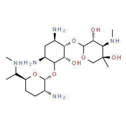 ChemSpider 2D Image | (2R,3S,4R,6S)-4,6-Diamino-3-{[3-deoxy-4-C-methyl-3-(methylamino)-L-arabinopyranosyl]oxy}-2-hydroxycyclohexyl 2-amino-2,3,4,6,7-pentadeoxy-6-(methylamino)-beta-L-lyxo-heptopyranoside | C21H43N5O7