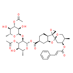 ChemSpider 2D Image | 3-O-Acetyl-2-O-(3-O-acetyl-6-deoxy-alpha-D-glucopyranosyl)-6-deoxy-1-O-{[(2R,2'S,3a'R,4''S,5''R,6'S,7a'S)-5''-methyl-4''-{[(2E)-3-phenyl-2-propenoyl]oxy}decahydrodispiro[oxirane-2,3'-[1]benzofuran-2',2''-pyran]-6'-yl]carbonyl}-beta-D-glucopyranose | C40H52O17