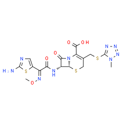 ChemSpider 2D Image | (6R,7R)-7-{[(2Z)-2-(2-Amino-1,3-thiazol-5-yl)-2-(methoxyimino)acetyl]amino}-3-{[(1-methyl-1H-tetrazol-5-yl)sulfanyl]methyl}-8-oxo-5-thia-1-azabicyclo[4.2.0]oct-2-ene-2-carboxylic acid | C16H17N9O5S3