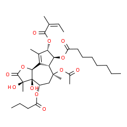 ChemSpider 2D Image | (3R,3aR,4S,6S,6aR,7S,8S,9bS)-6-Acetoxy-4-(butyryloxy)-3,3a-dihydroxy-3,6,9-trimethyl-8-{[(2Z)-2-methyl-2-butenoyl]oxy}-2-oxo-2,3,3a,4,5,6,6a,7,8,9b-decahydroazuleno[4,5-b]furan-7-yl octanoate | C34H50O12