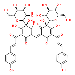 ChemSpider 2D Image | (2Z,6S)-5,6-Dihydroxy-4-[(2E)-3-(4-hydroxyphenyl)-2-propenoyl]-6-[(2S,3R,4S,5S,6R)-3,4,5-trihydroxy-6-(hydroxymethyl)tetrahydro-2H-pyran-2-yl]-2-({(3S)-2,3,4-trihydroxy-5-[(2E)-3-(4-hydroxyphenyl)-2-p
ropenoyl]-6-oxo-3-[(2S,3R,4S,5S,6R)-3,4,5-trihydroxy-6-(hydroxymethyl)tetrahydro-2H-pyran-2-yl]-1,4-cyclohexadien-1-yl}methylene)-4-cyclohexene-1,3-dione | C43H42O22