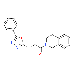 ChemSpider 2D Image | 1-(3,4-Dihydro-2(1H)-isoquinolinyl)-2-[(5-phenyl-1,3,4-oxadiazol-2-yl)sulfanyl]ethanone | C19H17N3O2S