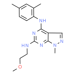 ChemSpider 2D Image | N~4~-(2,4-Dimethylphenyl)-N~6~-(2-methoxyethyl)-1-methyl-1H-pyrazolo[3,4-d]pyrimidine-4,6-diamine | C17H22N6O