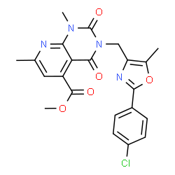 ChemSpider 2D Image | Methyl 3-{[2-(4-chlorophenyl)-5-methyl-1,3-oxazol-4-yl]methyl}-1,7-dimethyl-2,4-dioxo-1,2,3,4-tetrahydropyrido[2,3-d]pyrimidine-5-carboxylate | C22H19ClN4O5