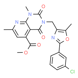 ChemSpider 2D Image | Methyl 3-{[2-(3-chlorophenyl)-5-methyl-1,3-oxazol-4-yl]methyl}-1,7-dimethyl-2,4-dioxo-1,2,3,4-tetrahydropyrido[2,3-d]pyrimidine-5-carboxylate | C22H19ClN4O5
