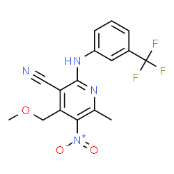 ChemSpider 2D Image | 4-(Methoxymethyl)-6-methyl-5-nitro-2-{[3-(trifluoromethyl)phenyl]amino}nicotinonitrile | C16H13F3N4O3