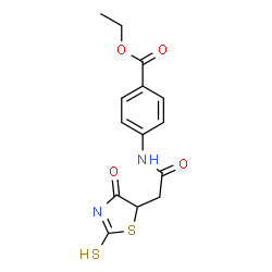 ChemSpider 2D Image | ethyl 4-[2-(4-oxo-2-sulfanyl-5H-1,3-thiazol-5-yl)acetamido]benzoate | C14H14N2O4S2