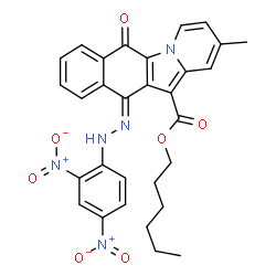 ChemSpider 2D Image | Hexyl (11E)-11-[(2,4-dinitrophenyl)hydrazono]-2-methyl-6-oxo-6,11-dihydrobenzo[f]pyrido[1,2-a]indole-12-carboxylate | C30H27N5O7