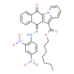 ChemSpider 2D Image | Heptyl (11E)-11-[(2,4-dinitrophenyl)hydrazono]-6-oxo-6,11-dihydrobenzo[f]pyrido[1,2-a]indole-12-carboxylate | C30H27N5O7
