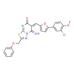 ChemSpider 2D Image | (6E)-6-{[5-(3-Chloro-4-methoxyphenyl)-2-furyl]methylene}-5-imino-2-(phenoxymethyl)-5,6-dihydro-7H-[1,3,4]thiadiazolo[3,2-a]pyrimidin-7-one | C24H17ClN4O4S