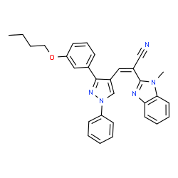 ChemSpider 2D Image | (2Z)-3-[3-(3-Butoxyphenyl)-1-phenyl-1H-pyrazol-4-yl]-2-(1-methyl-1H-benzimidazol-2-yl)acrylonitrile | C30H27N5O
