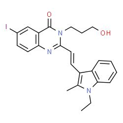 ChemSpider 2D Image | 2-[(E)-2-(1-Ethyl-2-methyl-1H-indol-3-yl)vinyl]-3-(3-hydroxypropyl)-6-iodo-4(3H)-quinazolinone | C24H24IN3O2