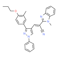 ChemSpider 2D Image | (2E)-2-(1-Methyl-1H-benzimidazol-2-yl)-3-[3-(3-methyl-4-propoxyphenyl)-1-phenyl-1H-pyrazol-4-yl]acrylonitrile | C30H27N5O