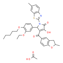 ChemSpider 2D Image | 5-[3-Ethoxy-4-(pentyloxy)phenyl]-3-hydroxy-1-(6-methyl-1,3-benzothiazol-2-yl)-4-[(2-methyl-2,3-dihydro-1-benzofuran-5-yl)carbonyl]-1,5-dihydro-2H-pyrrol-2-one acetate (1:1) | C37H40N2O8S