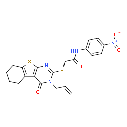 ChemSpider 2D Image | 2-[(3-Allyl-4-oxo-3,4,5,6,7,8-hexahydro[1]benzothieno[2,3-d]pyrimidin-2-yl)sulfanyl]-N-(4-nitrophenyl)acetamide | C21H20N4O4S2