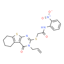 ChemSpider 2D Image | 2-[(3-Allyl-4-oxo-3,4,5,6,7,8-hexahydro[1]benzothieno[2,3-d]pyrimidin-2-yl)sulfanyl]-N-(2-nitrophenyl)acetamide | C21H20N4O4S2