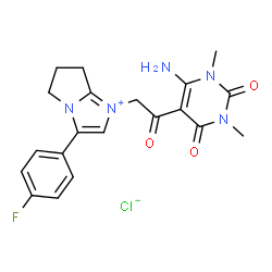 ChemSpider 2D Image | 1-[2-(6-Amino-1,3-dimethyl-2,4-dioxo-1,2,3,4-tetrahydro-5-pyrimidinyl)-2-oxoethyl]-3-(4-fluorophenyl)-6,7-dihydro-5H-pyrrolo[1,2-a]imidazol-1-ium chloride | C20H21ClFN5O3