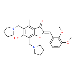 ChemSpider 2D Image | (2Z)-2-(2,3-Dimethoxybenzylidene)-6-hydroxy-4-methyl-5,7-bis(1-pyrrolidinylmethyl)-1-benzofuran-3(2H)-one | C28H34N2O5