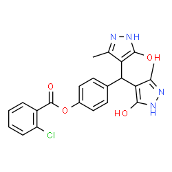 ChemSpider 2D Image | 4-[Bis(5-hydroxy-3-methyl-1H-pyrazol-4-yl)methyl]phenyl 2-chlorobenzoate | C22H19ClN4O4