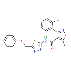 ChemSpider 2D Image | 3-(2,6-Dichlorophenyl)-5-methyl-N-[5-(phenoxymethyl)-1,3,4-thiadiazol-2-yl]-1,2-oxazole-4-carboxamide | C20H14Cl2N4O3S