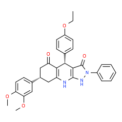 ChemSpider 2D Image | (4S,7S)-7-(3,4-Dimethoxyphenyl)-4-(4-ethoxyphenyl)-2-phenyl-4,7,8,9-tetrahydro-1H-pyrazolo[3,4-b]quinoline-3,5(2H,6H)-dione | C32H31N3O5