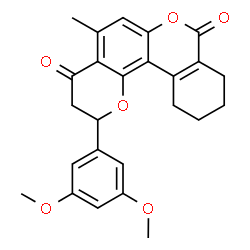 ChemSpider 2D Image | 2-(3,5-Dimethoxyphenyl)-5-methyl-2,3,9,10,11,12-hexahydro-4H,8H-benzo[c]pyrano[2,3-f]chromene-4,8-dione | C25H24O6