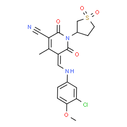 ChemSpider 2D Image | (5Z)-5-{[(3-Chloro-4-methoxyphenyl)amino]methylene}-1-(1,1-dioxidotetrahydro-3-thiophenyl)-4-methyl-2,6-dioxo-1,2,5,6-tetrahydro-3-pyridinecarbonitrile | C19H18ClN3O5S