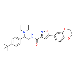 ChemSpider 2D Image | 5-(2,3-Dihydro-1,4-benzodioxin-6-yl)-N-{2-[4-(2-methyl-2-propanyl)phenyl]-2-(1-pyrrolidinyl)ethyl}-1,2-oxazole-3-carboxamide | C28H33N3O4