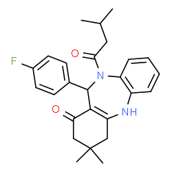ChemSpider 2D Image | 11-(4-Fluorophenyl)-3,3-dimethyl-10-(3-methylbutanoyl)-2,3,4,5,10,11-hexahydro-1H-dibenzo[b,e][1,4]diazepin-1-one | C26H29FN2O2