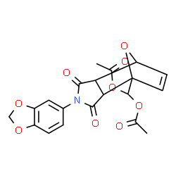ChemSpider 2D Image | [4-(1,3-Benzodioxol-5-yl)-3,5-dioxo-10-oxa-4-azatricyclo[5.2.1.0~2,6~]dec-8-en-1-yl]methylene diacetate | C20H17NO9