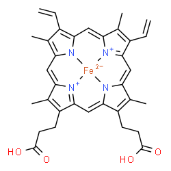 ChemSpider 2D Image | [3,3'-(3,7,12,17-Tetramethyl-8,13-divinyl-2,18-porphyrindiyl-kappa~4~N~21~,N~22~,N~23~,N~24~)dipropanoato(2-)]iron | C34H32FeN4O4