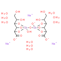 ChemSpider 2D Image | Sodium 1-{[3-carboxylato-5-(1,2-dihydroxyethyl)-1-hydroxy-2,6,7-trioxa-1lambda~5~-stibabicyclo[2.2.1]hept-1-yl]oxy}-5-(1,2-dihydroxyethyl)-1-oxido-2,6,7-trioxa-1lambda~5~-stibabicyclo[2.2.1]heptane-3-
carboxylate hydrate (3:1:9) | C12H35Na3O26Sb2